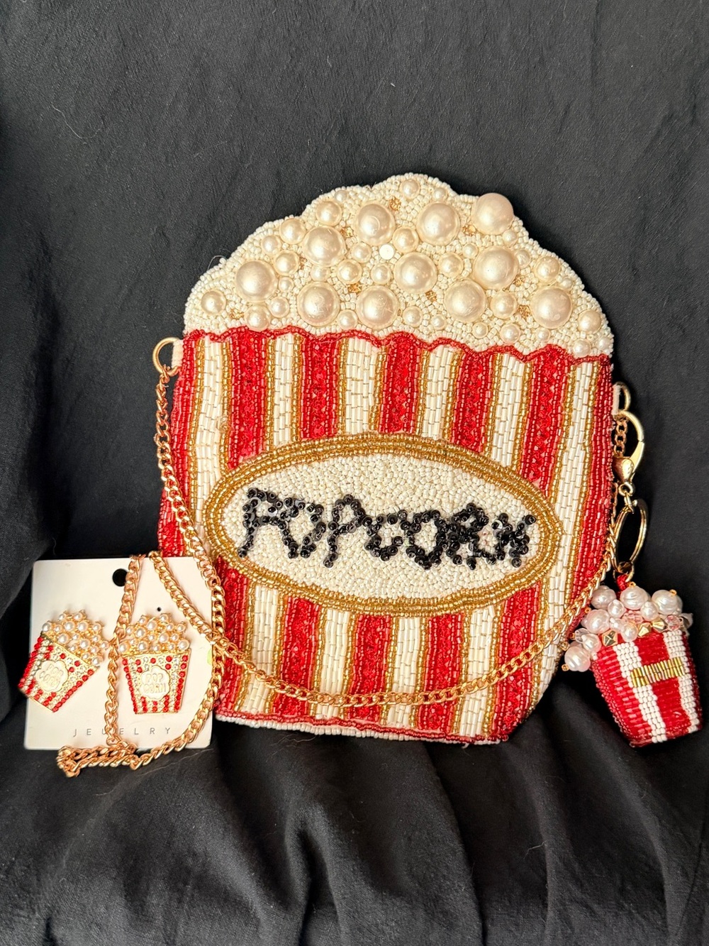 🍿✨ Beaded Popcorn Bucket Bag + Matching Earrings & Charm ✨🍿